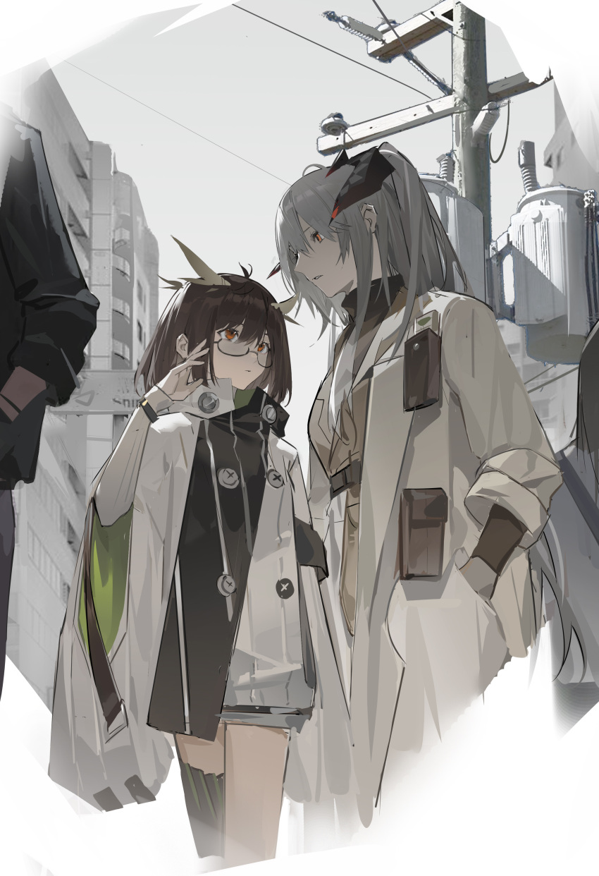 2girls absurdres ahoge antenna_hair arknights brown_hair brown_shirt buttons cowboy_shot cropped_legs dragon_horns glasses grey_hair hand_in_pocket hand_up highres horns jacket lapels long_hair long_sleeves multiple_girls open_mouth orange_eyes owl_ears ponytail power_lines saria_(arknights) semi-rimless_eyewear shirt short_hair silence_(arknights) single_thighhigh thighhighs transformer under-rim_eyewear utility_pole very_long_hair white_jacket wide_sleeves yeyuanqianqianqian