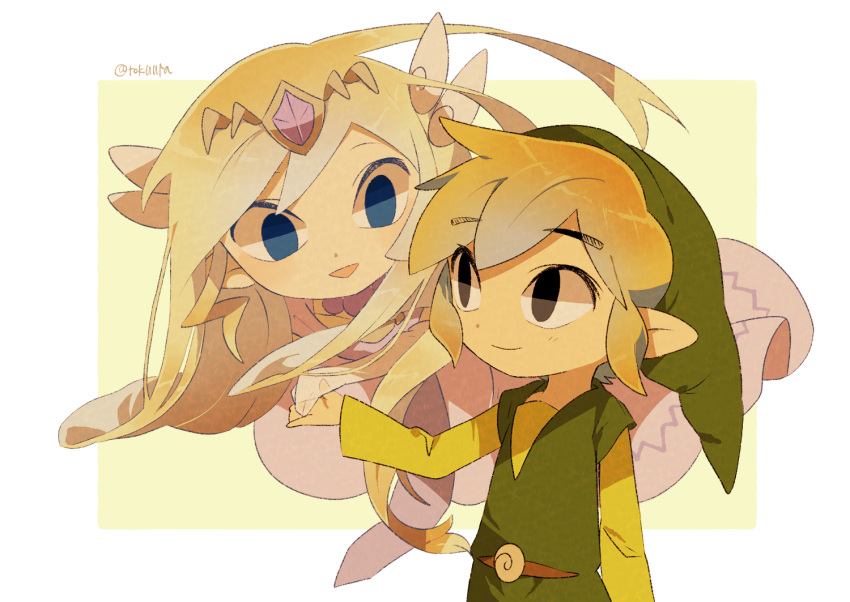 1boy 1girl artist_name back belt blonde_hair blue_eyes blush dress floating_hair ghost gloves green_headwear jewelry link long_hair looking_at_viewer multicolored_hair necklace pink_dress princess_zelda the_legend_of_zelda the_legend_of_zelda:_spirit_tracks the_legend_of_zelda:_the_wind_waker tiara tokuura toon_link toon_zelda