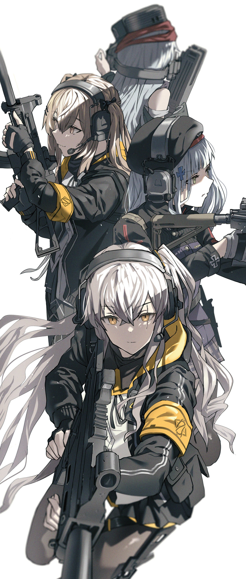 404_(girls'_frontline) 4girls absurdres assault_rifle bangs bare_shoulders beret black_gloves black_jacket black_skirt blunt_bangs brown_eyes brown_hair closed_mouth feet_out_of_frame fingerless_gloves fujita_(condor) g11_(girls'_frontline) girls'_frontline gloves green_eyes grey_hair gun h&amp;k_g11 h&amp;k_hk416 h&amp;k_ump45 h&amp;k_ump9 hair_between_eyes hair_ornament hair_ribbon hairclip hat headset highres hk416_(girls'_frontline) holding holding_gun holding_weapon jacket long_hair military_jacket multiple_girls one_side_up orange_eyes pantyhose pleated_skirt ribbon rifle scar scar_across_eye scar_on_face serious shirt simple_background skirt smile submachine_gun twintails ump45_(girls'_frontline) ump9_(girls'_frontline) weapon white_background white_hair white_shirt