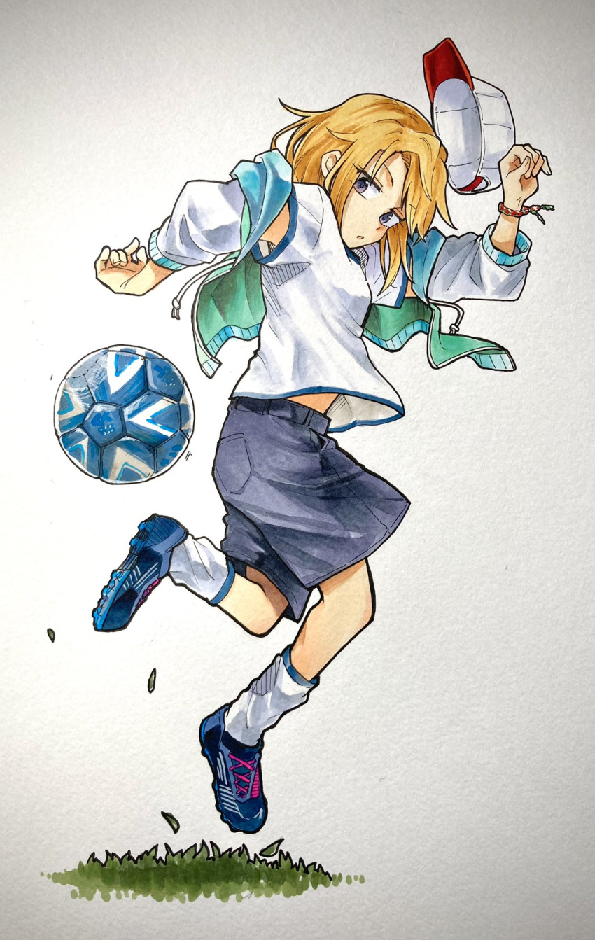 1girl ball bracelet cleats grey_eyes hat highres idolmaster idolmaster_cinderella_girls jacket jewelry kicking kyouno long_hair marker_(medium) midriff_peek orange_hair shorts soccer_ball traditional_media white_background yuuki_haru