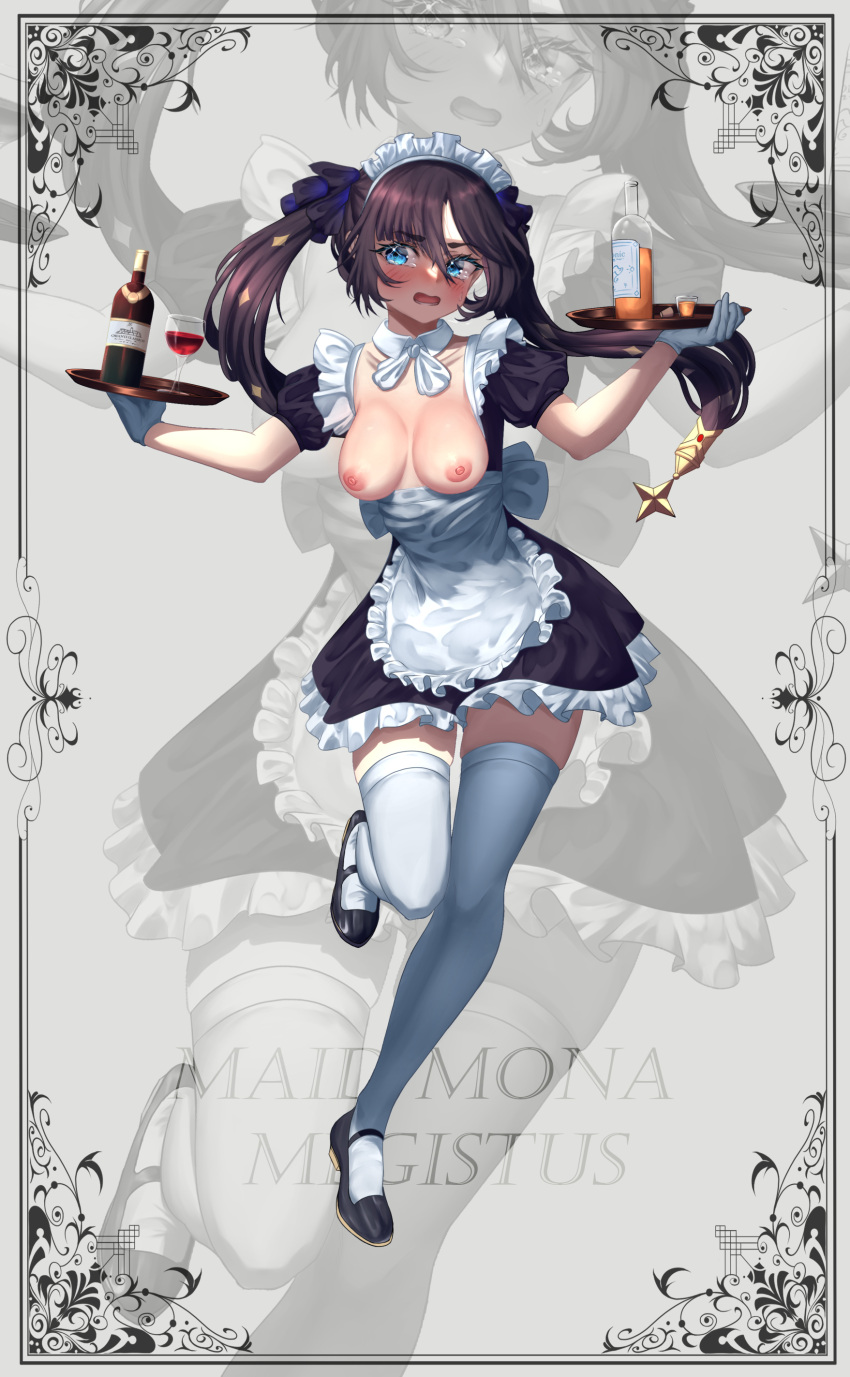 1girl absurdres alcohol alternate_costume apron black_dress black_footwear blue_eyes blush bottle breasts breasts_out brown_hair character_name collarbone cup dress drinking_glass embarrassed enmaided frilled_apron frilled_dress frills full_body genshin_impact gloves hair_between_eyes highres holding holding_tray long_hair looking_at_viewer maid maid_apron maid_headdress mary_janes medium_breasts mona_(genshin_impact) nipples nithros no_bra open_mouth puffy_short_sleeves puffy_sleeves shoes short_sleeves shot_glass solo standing standing_on_one_leg thighhighs thighs tray twintails waist_apron white_apron white_background white_gloves white_thighhighs wine_bottle wine_glass zettai_ryouiki zoom_layer