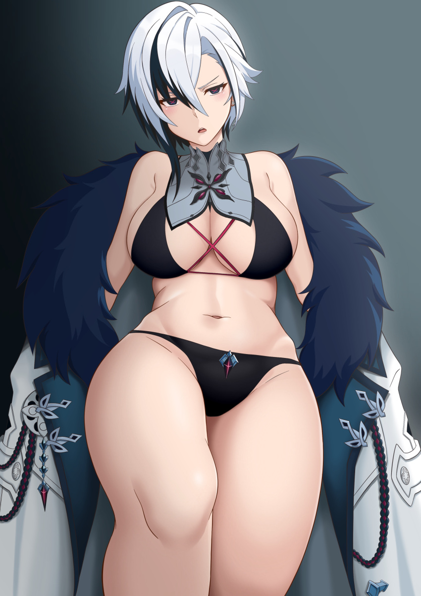 1girl absurdres arlecchino_(genshin_impact) bikini black_bikini black_hair breasts cleavage fur_trim genshin_impact half-closed_eyes highres hormkrun jacket large_breasts looking_at_viewer multicolored_hair navel open_clothes open_jacket open_mouth short_hair solo swimsuit symbol-shaped_pupils thighs two-tone_hair white_hair