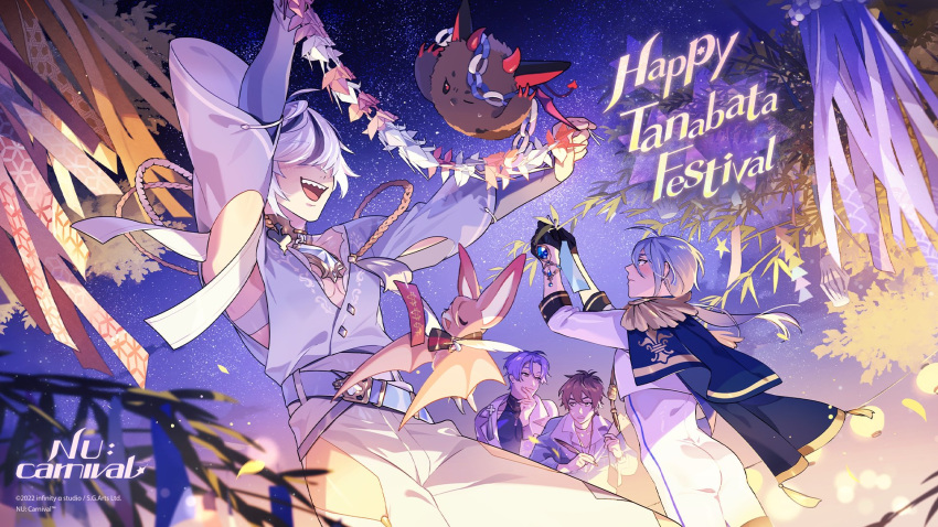 4boys aiguillette android ass aster_(nu_carnival) bat_(animal) black_gloves black_hair blade_(nu_carnival) blue_hair blush bodysuit brown_eyes edmond_(nu_carnival) eiden_(nu_carnival) epaulettes gem gloves hair_over_eyes half_gloves heterochromia highres holding holding_quill holding_tanzaku knight kuya_(nu_carnival) light_brown_hair long_hair long_sleeves low_ponytail male_focus mole mole_under_eye morvay_(nu_carnival) multicolored_hair multiple_boys nu_carnival official_art purple_eyes purple_hair quill sharp_teeth short_hair sky smile star_(sky) starry_sky streaked_hair tanabata tanzaku tassel teeth white_bodysuit white_hair wide_sleeves yellow_eyes