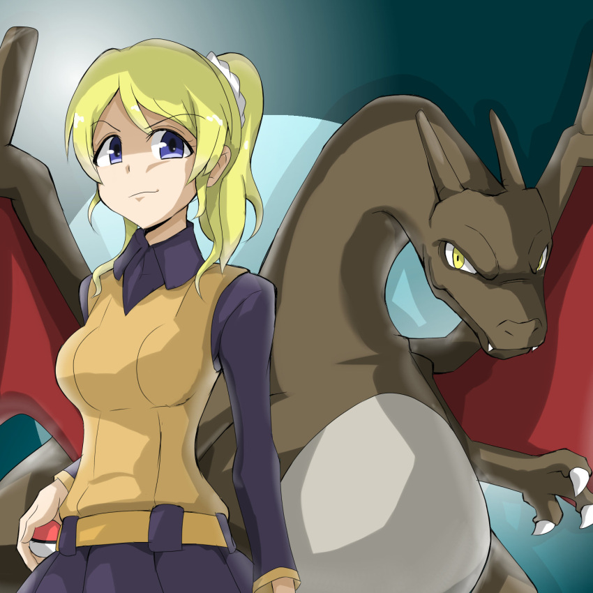 blonde_hair charizard clothing eli_ayase hair hi_res horn human mammal nintendo pok&eacute;ball pok&eacute;mon pok&eacute;mon_(species) sesame_(edf-goma) topwear vest video_games wings