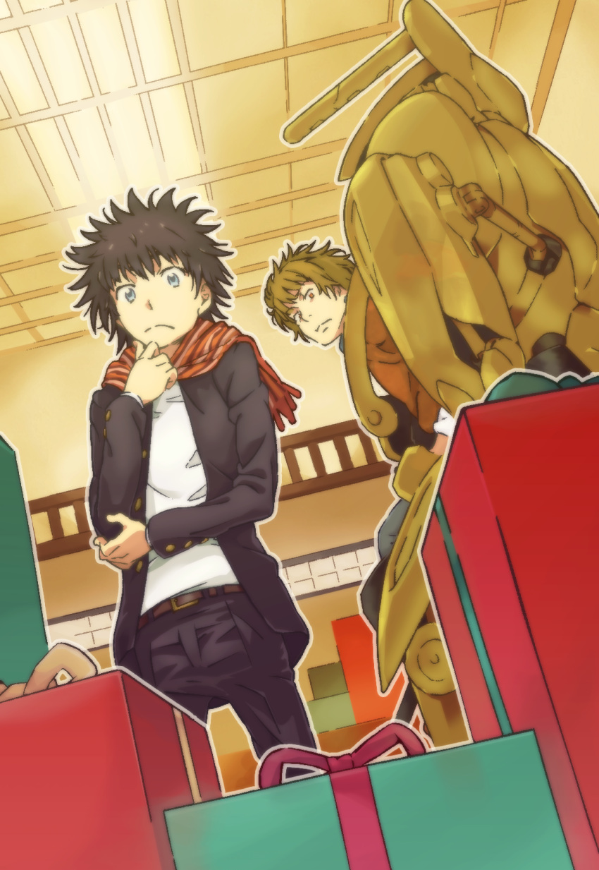 2boys belt black_hair black_jacket black_pants box brown_belt brown_eyes brown_hair brown_jacket closed_mouth colorized commentary externally_piloted_mecha feet_out_of_frame from_below from_side gazing_eye gift gift_box grey_pants haimura_kiyotaka hamazura_shiage hand_up highres indoors jacket kamijou_touma long_sleeves looking_at_viewer looking_down looking_to_the_side machinery mecha multiple_boys novel_illustration official_art open_clothes open_jacket orange_scarf pants robot scarf science_fiction shirt short_hair spiked_hair spoilers standing toaru_majutsu_no_index toaru_majutsu_no_index:_new_testament white_shirt