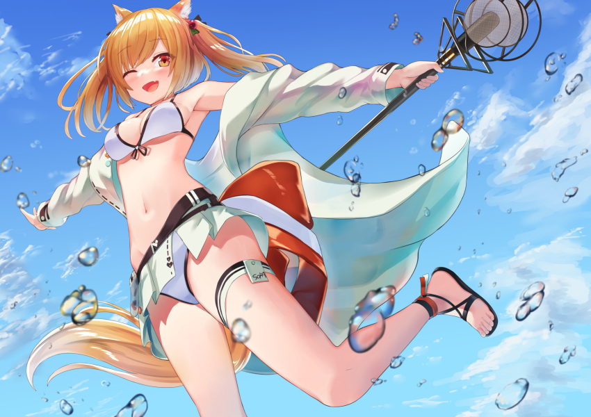 1girl ;d akabane_hibame animal_ear_fluff animal_ears arknights armpits bangs bare_shoulders black_footwear blue_sky blush breasts cleavage day fang from_below grey_jacket grey_skirt hair_bobbles hair_ornament highres holding holding_staff jacket leg_up long_sleeves looking_at_viewer looking_down medium_breasts microphone_stand miniskirt navel official_alternate_costume one_eye_closed open_clothes open_jacket open_mouth orange_eyes orange_hair outdoors outstretched_arms sandals short_hair short_twintails skin_fang skirt sky smile solo sora_(arknights) sora_(summer_flowers)_(arknights) staff standing standing_on_one_leg stomach tail thigh_strap twintails upskirt water_drop white_headwear wolf_ears wolf_girl wolf_tail