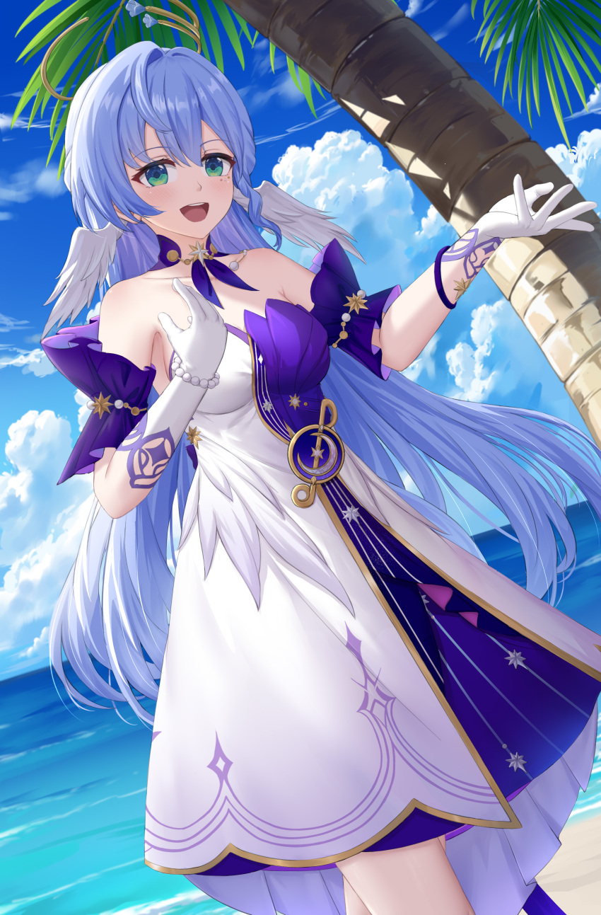 1girl :d absurdres bare_shoulders beach bead_bracelet beads blue_hair blue_sky blush bracelet breasts cloud commentary_request cowboy_shot day detached_sleeves dress gloves green_eyes hair_between_eyes hair_intakes highres honkai:_star_rail honkai_(series) jewelry long_hair looking_at_viewer medium_breasts open_mouth revision robin_(honkai:_star_rail) short_sleeves sky skym_(kumei) smile solo standing strapless strapless_dress tree very_long_hair water white_dress white_gloves
