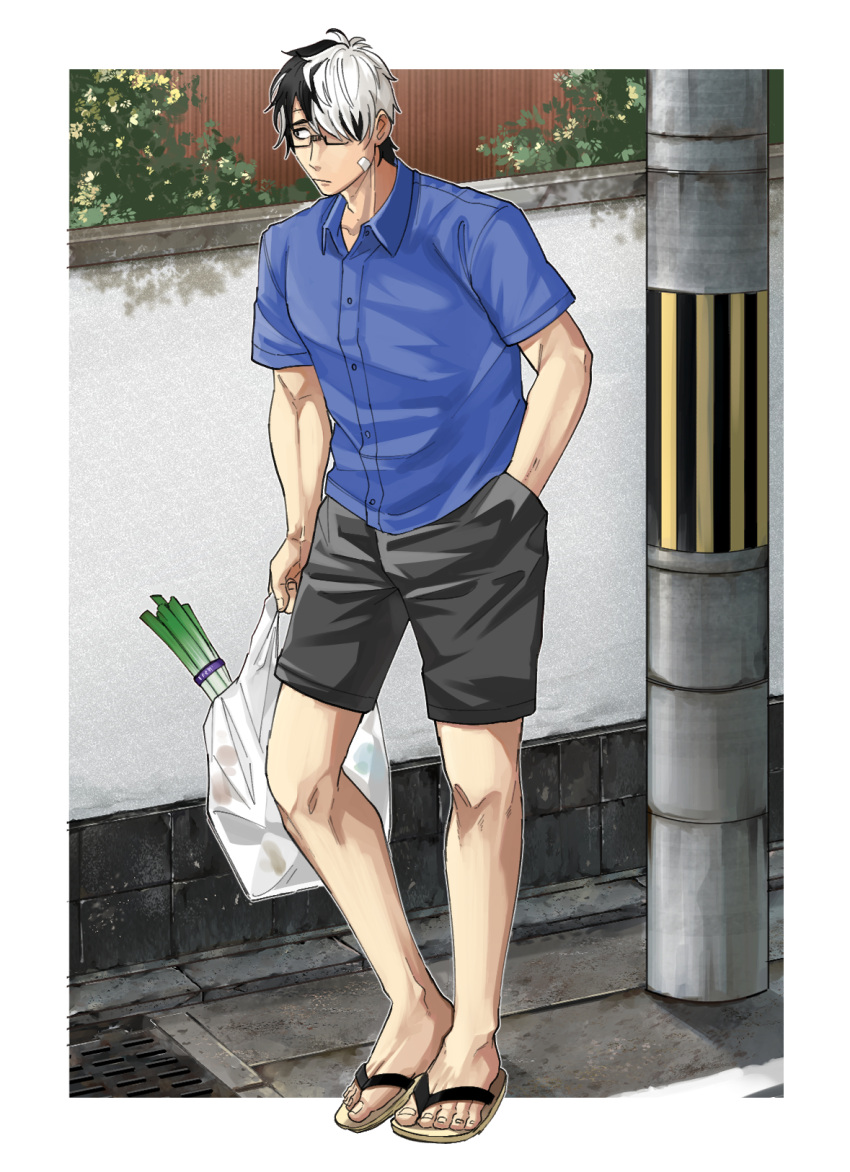 1boy :/ another_eidos-r bag bandaid bandaid_on_cheek bandaid_on_face collared_shirt full_body glasses hair_over_one_eye highres holding holding_bag itaru_(kidomh63) looking_ahead male_focus multicolored_hair outdoors plastic_bag road shirt short_hair short_shorts shorts slippers solo spring_onion street thorkell_(another_eidos) toned toned_male two-tone_hair walking