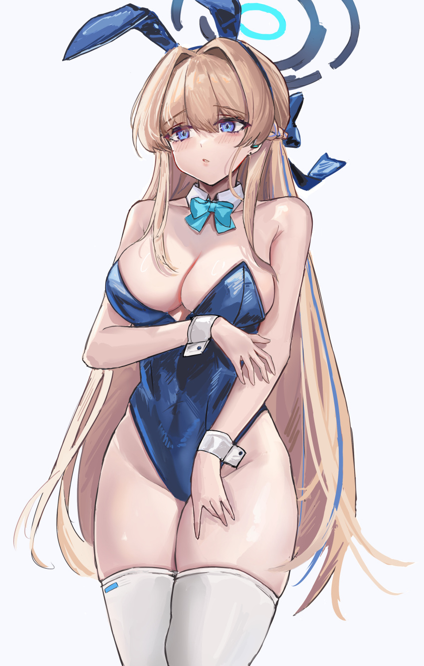1girl absurdres alternate_breast_size animal_ears averting_eyes bare_shoulders blonde_hair blue_archive blue_bow blue_eyes blue_hairband blue_halo blue_leotard bow bowtie braid breasts cowboy_shot detached_collar fake_animal_ears groin hairband halo highleg highleg_leotard highres large_breasts leotard long_hair multicolored_hair official_alternate_costume official_alternate_hairstyle parted_lips playboy_bunny rabbit_ears simple_background skindentation solo streaked_hair thighhighs thighs toki_(blue_archive) toki_(bunny)_(blue_archive) very_long_hair white_background white_thighhighs wrist_cuffs yuanqi_(chriu)