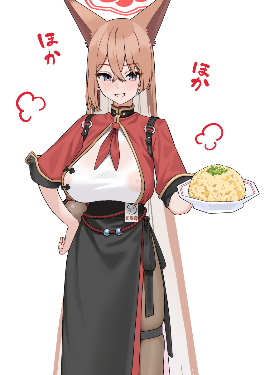 1girl absurdres animal_ears black_pantyhose black_skirt blue_archive blush breasts brown_hair colored_inner_hair covered_nipples cowboy_shot extra_ears fffukuzawa food fried_rice grin hair_between_eyes halo highres holding holding_plate large_breasts long_hair looking_at_viewer multicolored_hair pantyhose plate purple_eyes red_halo rumi_(blue_archive) shirt simple_background skirt smile solo wet wet_clothes wet_shirt white_background white_shirt