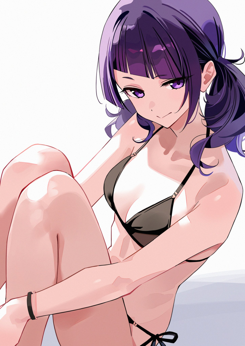 1girl bare_arms bare_legs bare_shoulders bikini black_bikini breasts commentary_request diagonal_bangs highres hugging_own_legs idolmaster idolmaster_shiny_colors kinjin knees_up long_hair looking_at_viewer medium_breasts purple_eyes purple_hair solo swimsuit tanaka_mamimi twintails white_background