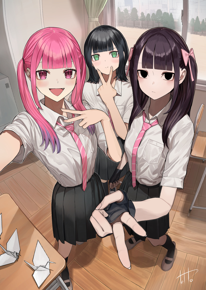 3girls absurdres bag black_eyes black_gloves black_hair black_skirt blunt_bangs blush breasts brown_hair chair classroom closed_mouth collared_shirt commentary_request curtains day desk dress_shirt empty_eyes fang fingerless_gloves fingernails from_above frown full_body gloves gradient_hair green_eyes highres hinamizawa_hinami_(tetto) holding holding_bag igarashi_ritsu_(tetto) jirai_kei looking_at_viewer medium_hair multicolored_hair multiple_girls necktie open_mouth origami original outstretched_arm paper_crane pink_eyes pink_hair pink_necktie pleated_skirt purple_hair school_bag school_chair school_desk school_uniform selfie shirt signature skirt small_breasts smile standing striped_necktie tetto_(onnoveltet) tree twintails two_side_up uramiyama_urami_(tetto) v white_shirt window wooden_floor