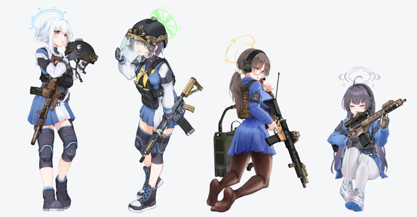 4girls =_= absurdres ahoge alternate_hairstyle ammunition_pouch ar-15 arm_armor assault_rifle black_footwear black_gloves black_hair black_hat black_pantyhose blue_archive blue_halo blue_sailor_collar blue_serafuku blue_skirt blue_sweater blush boots breasts brown_eyes brown_hair bulletproof_vest clov3r ear_protection flashlight flustered foregrip full_body glasses gloves green_eyes green_halo grey_hair grey_halo gun hair_between_eyes halo hard_hat hat headphones headset helmet highres holding holding_clothes holding_gun holding_hat holding_weapon knee_pads large_breasts laser_sight long_hair long_sleeves magazine_(weapon) miyako_(blue_archive) miyu_(blue_archive) moe_(blue_archive) multiple_girls neckerchief no_shoes noveske_rifleworks on_floor open_mouth optical_sight pantyhose pink_neckerchief pleated_skirt pouch purple_eyes purple_hair rabbit_platoon_(blue_archive) radio rifle round_eyewear sailor_collar saki_(blue_archive) school_uniform scope serafuku short_hair simple_background single_knee_pad sitting skirt soles sweater toes tongue tongue_out twintails two-tone_skirt unworn_hat unworn_headwear weapon white_background white_pantyhose white_sailor_collar white_skirt white_sneakers yellow_halo yellow_neckerchief