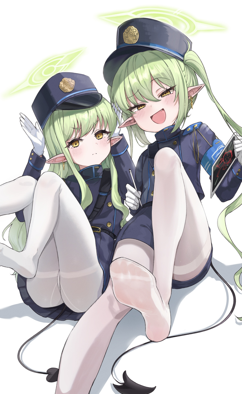 2girls 2k_(tldntkfkdro) absurdres blue_archive blue_hat blue_shirt blue_shorts blue_skirt blush closed_mouth commentary_request demon_tail earrings fang feet_out_of_frame frown garrison_cap gloves green_hair green_halo half-closed_eyes halo hands_up hat highres hikari_(blue_archive) holding holding_pen holding_tablet_pc jewelry legs legs_up long_hair long_sleeves looking_at_viewer multiple_girls no_shoes nozomi_(blue_archive) open_mouth pantyhose pen pointy_ears shirt shorts simple_background sitting skirt smirk tablet_pc tail thighband_pantyhose twintails white_background white_gloves white_pantyhose yellow_eyes