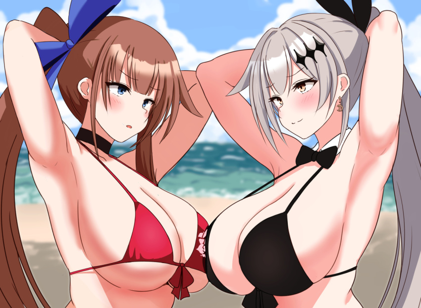 2girls armpits arms_behind_head arms_up bare_shoulders beach bikini black_bikini blue_eyes blue_ribbon blurry blurry_background blush bow bowtie breasts brown_hair cleavage collarbone fal_(fal's_summer)_(girls'_frontline) fal_(girls'_frontline) five-seven_(cruise_queen)_(girls'_frontline) five-seven_(girls'_frontline) girls'_frontline hair_ornament hair_ribbon large_breasts long_hair looking_at_another multiple_girls official_alternate_costume ponytail presenting_armpit red_bikini ribbon smile sukoyugiri swimsuit tongue tongue_out upper_body very_long_hair white_hair