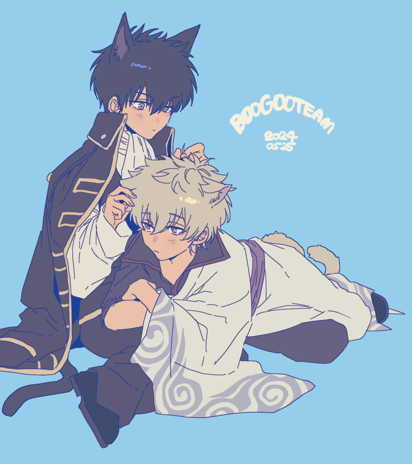 2boys animal_ears ascot black_coat black_hair black_jacket blue_background brown_eyes cat_ears cat_tail closed_mouth coat dated full_body gintama grey_hair hair_between_eyes hand_in_another's_hair highres hijikata_toushirou jacket long_sleeves lying_on_another male_focus multiple_boys red_eyes robe sakata_gintoki simple_background sitting tail white_ascot white_robe xi_hsi yaoi