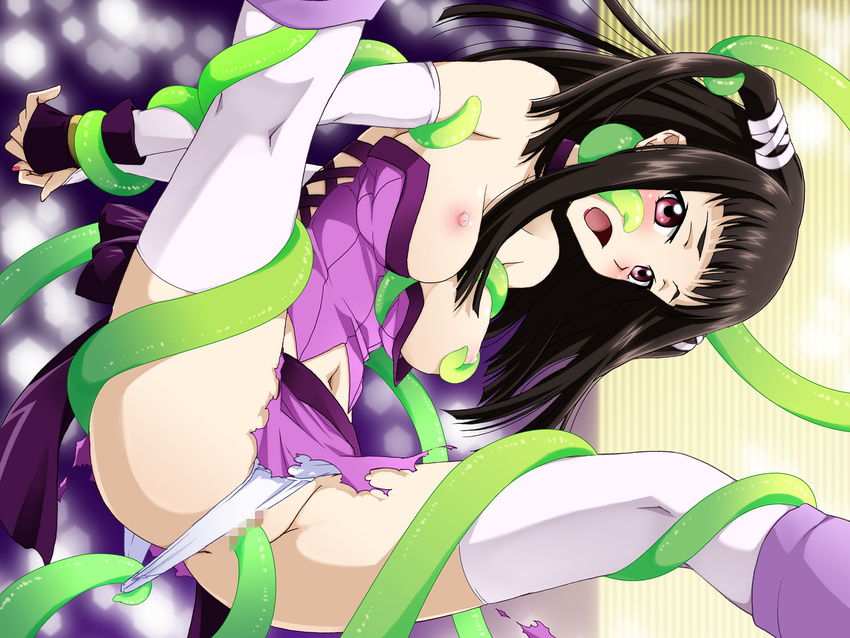 blush breasts brown_hair censored highres kneepits long_legs medium_breasts nipples panties rape red_eyes rosario+vampire rosario+vampire_capu2 saipaco solo tentacle_sex tentacles thighhighs torn_clothes toujou_ruby twintails underwear vaginal