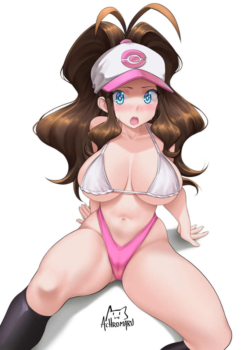 1girl achromaru alternate_breast_size antenna_hair arm_support baseball_cap big_hair bikini blue_eyes blush breasts breasts_apart brown_hair collarbone embarrassed from_above hat highleg highleg_bikini highres hilda_(pokemon) large_breasts leaning_back long_hair looking_at_viewer navel nose_blush open_mouth pokemon pokemon_bw sitting solo spread_legs stomach swimsuit