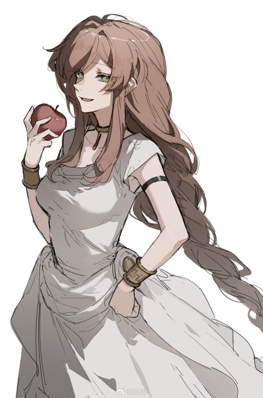 1girl apple artist_name braid breasts brown_hair chinese_commentary cowboy_shot dress fingernails flamme_(sousou_no_frieren) food fruit green_eyes hair_between_eyes hand_on_own_hip highres holding holding_food holding_fruit long_hair looking_at_viewer medium_breasts open_mouth sidelocks simple_background sleeveless smile snowcake47 solo sousou_no_frieren standing white_background white_dress
