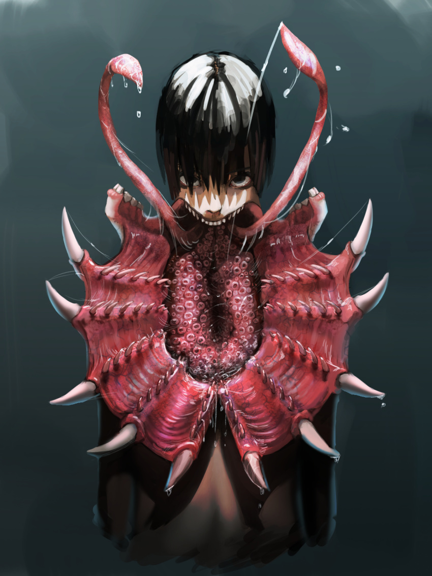 1boy black_background black_eyes black_hair body_horror commentary_request cropped_torso gradient_background highres horror_(theme) looking_at_viewer male_focus metamon1996 monster_boy open_mouth original saliva saliva_drip sharp_teeth short_hair solo teeth tentacles upper_body