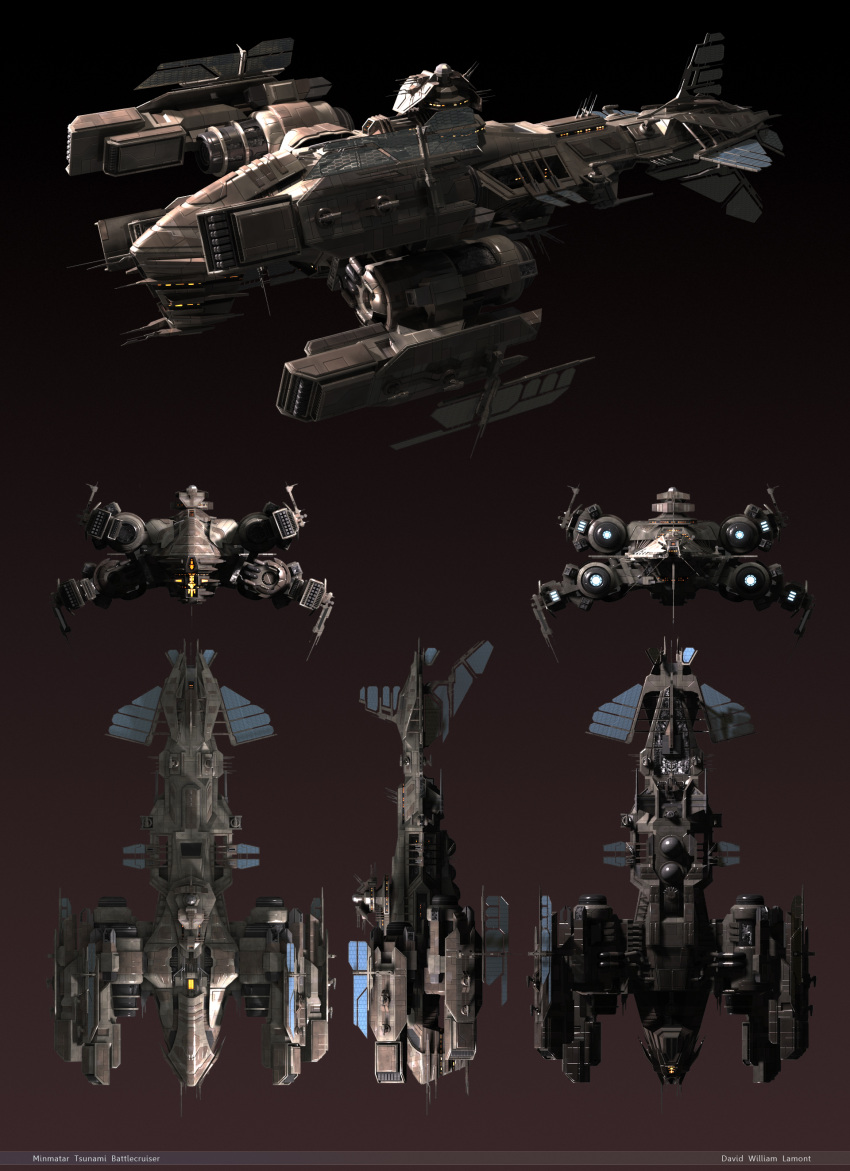 3d absurdres artist_name battlecruiser_(eve_online) brown_background brown_theme cannon commentary concept_art dark_background dlamont eve_online glowing gradient_background highres machinery military_vehicle minmatar_republic_(eve_online) multiple_views no_humans original radar radio_antenna realistic science_fiction solar_panel spacecraft thrusters turret vehicle_focus