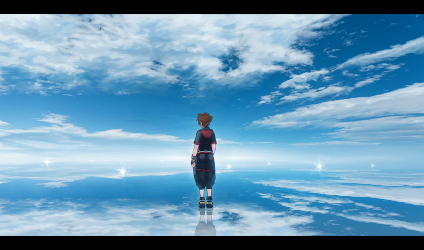 1boy absurdres akky_(akimi1127) black_pants black_shirt blue_sky brown_hair cloud cloudy_sky commentary_request day facing_away fingerless_gloves from_behind gloves grey_gloves highres kingdom_hearts kingdom_hearts_iii letterboxed male_focus outdoors pants puffy_pants scenery shirt shoes short_sleeves sky solo sora_(kingdom_hearts) standing yellow_footwear