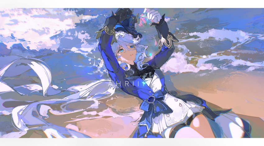 1girl absurdres ahriii arms_up artist_name ascot asymmetrical_gloves beach black_ascot black_gloves blue_eyes blue_hair blue_hat blue_jacket breasts chromatic_aberration cowboy_shot flower furina_(genshin_impact) genshin_impact gloves hair_between_eyes hat heterochromia highres holding holding_flower jacket letterboxed light_blue_hair long_hair looking_up lying mismatched_gloves multicolored_hair on_back outdoors parted_lips pink_flower sand shadow shorts sideways small_breasts solo streaked_hair top_hat very_long_hair water white_gloves white_shorts