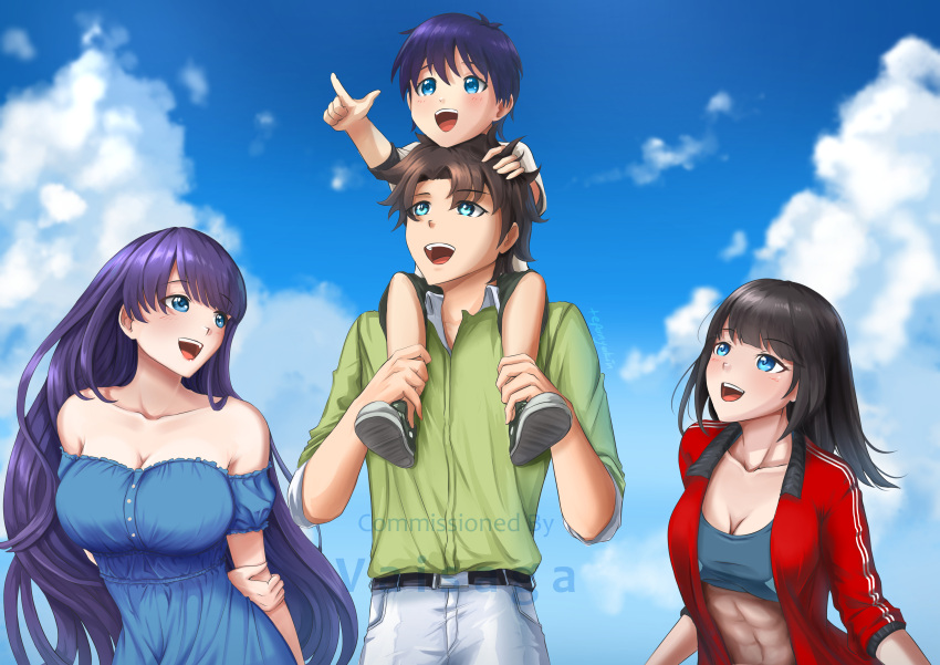 2boys 2girls absurdres black_hair blue_dress breasts cloud cloudy_sky commission dress fate/grand_order fate_(series) father_and_daughter father_and_son fujimaru_ritsuka_(male) highres if_they_mated martha_(fate) multiple_boys multiple_girls purple_hair sky tagme tepanyakin