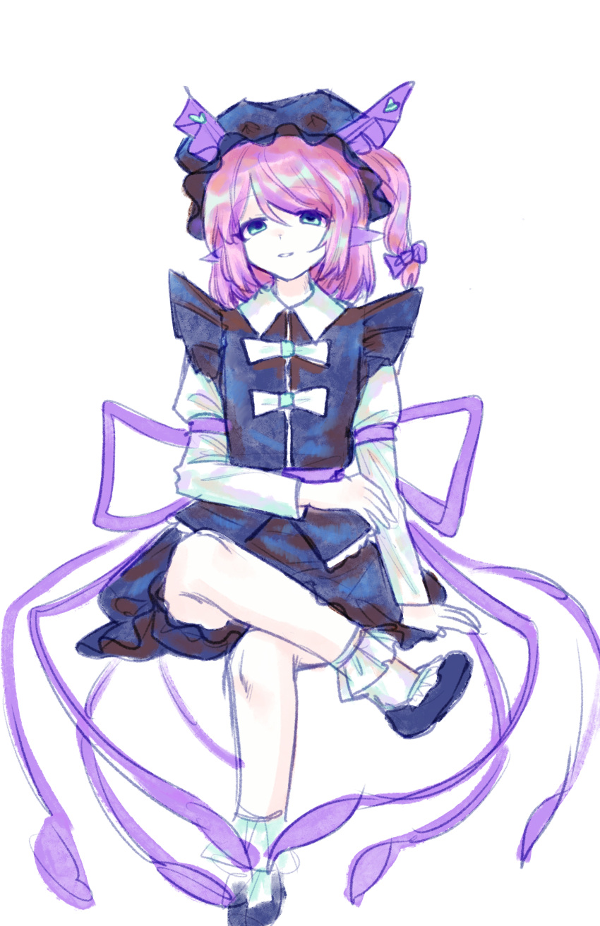 1girl absurdres bingkuaihei black_hat black_skirt black_vest bow chinese_commentary commentary_request flat_chest frilled_socks frills hair_bow hat highres invisible_chair meet_again_in_the_night mob_cap opaly_phoenick original pointy_ears puffy_sleeves purple_bow purple_eyes side_ponytail simple_background sitting skirt socks solo touhou vest white_background white_bow white_socks