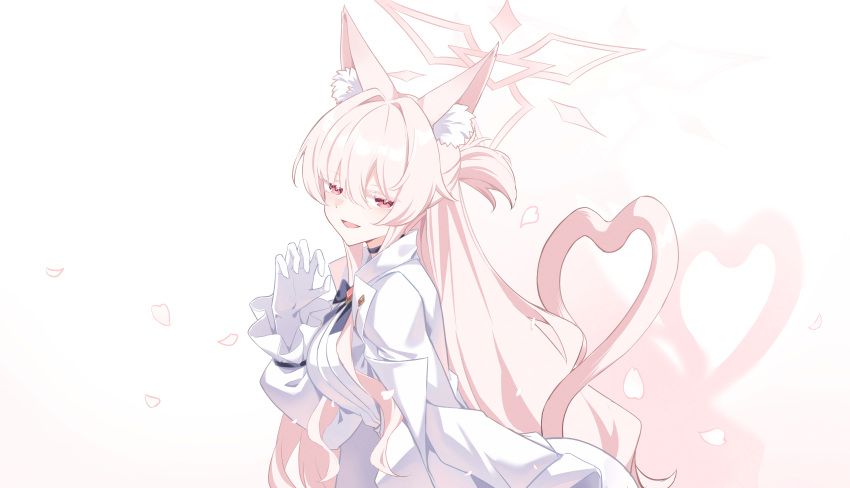 1girl absurdres akira_(blue_archive) animal_ear_fluff animal_ears blue_archive blush bow bowtie breasts cat_ears cat_tail choker czk gloves grey_hair halo highres long_hair long_sleeves looking_at_viewer pants red_eyes shirt smile solo tail white_gloves white_hair white_pants white_shirt