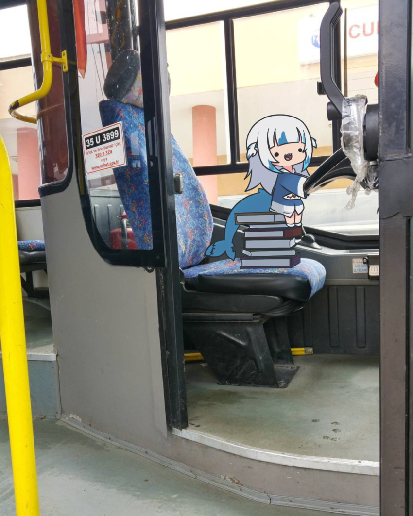 1girl :3 :d black_eyes blue_hair blue_hoodie blunt_bangs bus chair chibi commentary english_commentary fins fire_extinguisher fish_tail gawr_gura gawr_gura_(1st_costume) highres hololive hololive_english hood hoodie looking_at_viewer motor_vehicle multicolored_hair photo_background pile_of_books shark_tail sharp_teeth sitting sleeves_past_fingers sleeves_past_wrists smile smol_gura solid_circle_eyes solo steering_wheel tail teeth torororose turkish_text two_side_up vehicle_interior virtual_youtuber