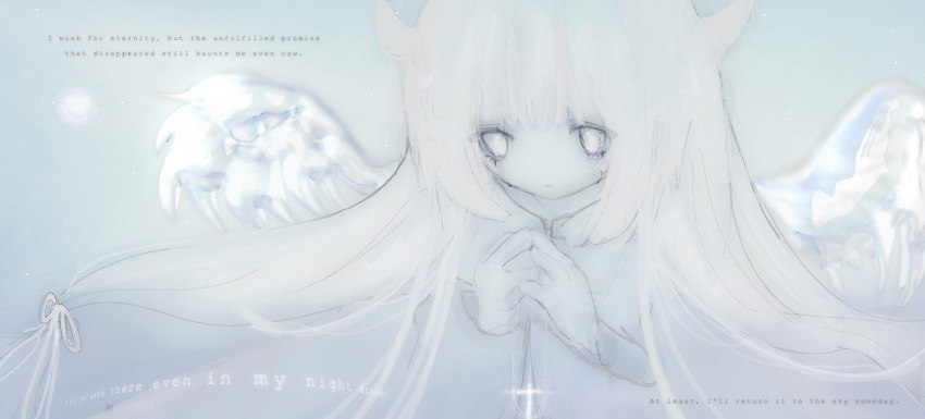 1girl angel angel_wings closed_mouth commentary cross cross_necklace demon_horns empty_eyes english_commentary english_text floating_hair frown hair_ribbon hands_up highres holding holding_jewelry holding_necklace horns jewelry limited_palette long_hair looking_down memin_(noqieqt) necklace no_nose original own_hands_together pale_skin ribbon sad sidelocks solo tears upper_body very_long_hair white_eyes white_ribbon white_theme white_wings wings