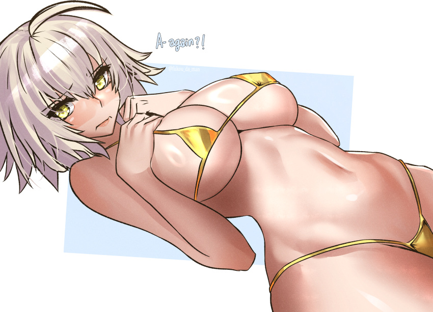 !? 1girl absurdres ahoge bikini breasts cleavage closed_mouth covered_nipples embarrassed english_text fate/grand_order fate_(series) fukou gold_bikini golden_week hands_on_own_chest highres jeanne_d'arc_alter_(avenger)_(fate) jeanne_d'arc_alter_(fate) large_breasts looking_at_viewer micro_bikini navel short_hair sideways solo swimsuit underboob white_hair yellow_eyes