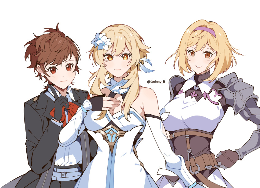 1girl bare_shoulders blonde_hair blush breasts brown_eyes brown_hair cleavage crossover djeeta_(granblue_fantasy) dress flower genshin_impact gloves granblue_fantasy hair_between_eyes hair_flower hair_ornament hairband highres looking_at_viewer lumine_(genshin_impact) medium_breasts open_mouth persona persona_3 persona_3_portable quinny_il red_eyes school_uniform shiomi_kotone short_hair short_hair_with_long_locks sidelocks smile white_dress white_flower yellow_eyes