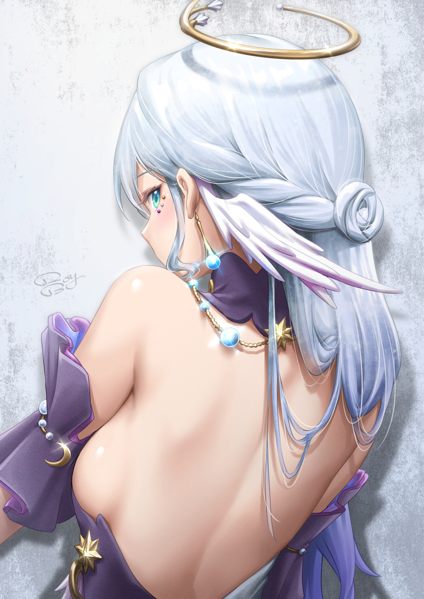 1girl absurdres back back_focus backless_dress backless_outfit bare_back bare_shoulders breasts commentary_request dress earrings from_behind gloves head_wings highres honkai:_star_rail honkai_(series) jewelry long_hair looking_at_viewer looking_back medium_breasts robin_(honkai:_star_rail) royboy sideboob solo upper_body white_gloves wings