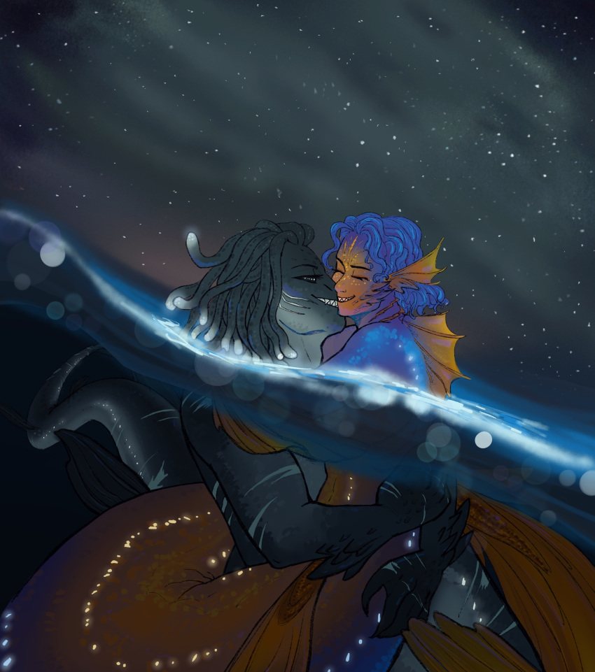 2022 absurd_res alternate_species animal_humanoid arm_scar blue_body blue_hair blue_scales bluedillylee digital_drawing_(artwork) digital_media_(artwork) duo ear_fins embrace embracing_another fanfiction fin geralt_of_rivia glowing glowing_body glowing_scales hair hi_res humanoid jaskier_(the_witcher) male male/male marine marine_humanoid merfolk merman_tail mermay multicolored_body multicolored_scales muscular muscular_male night orange_body orange_scales pseudo_hair scales scar scars_all_over sharp_teeth sky smile split_form star starry_sky story story_at_source story_in_description teeth tentacle_hair tentacles the_witcher the_witcher_(series)