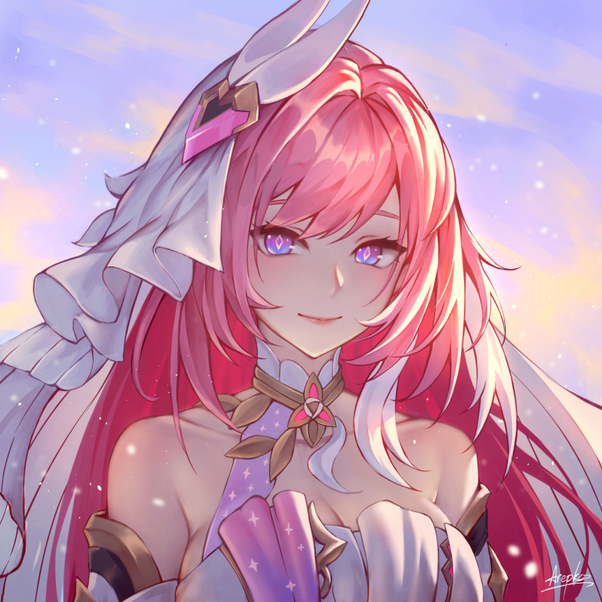 1girl arepko armpit_crease bare_shoulders breasts bridal_veil bright_pupils cleavage closed_mouth collar collarbone commentary detached_sleeves diamond-shaped_pupils diamond_(shape) dress elysia_(herrscher_of_human:ego)_(honkai_impact) elysia_(honkai_impact) hair_intakes hair_ornament highres honkai_(series) honkai_impact_3rd large_breasts long_hair looking_at_viewer multicolored_hair pink_hair sidelocks signarture signature smile solo streaked_hair symbol-shaped_pupils upper_body veil white_collar white_dress white_pupils white_sleeves