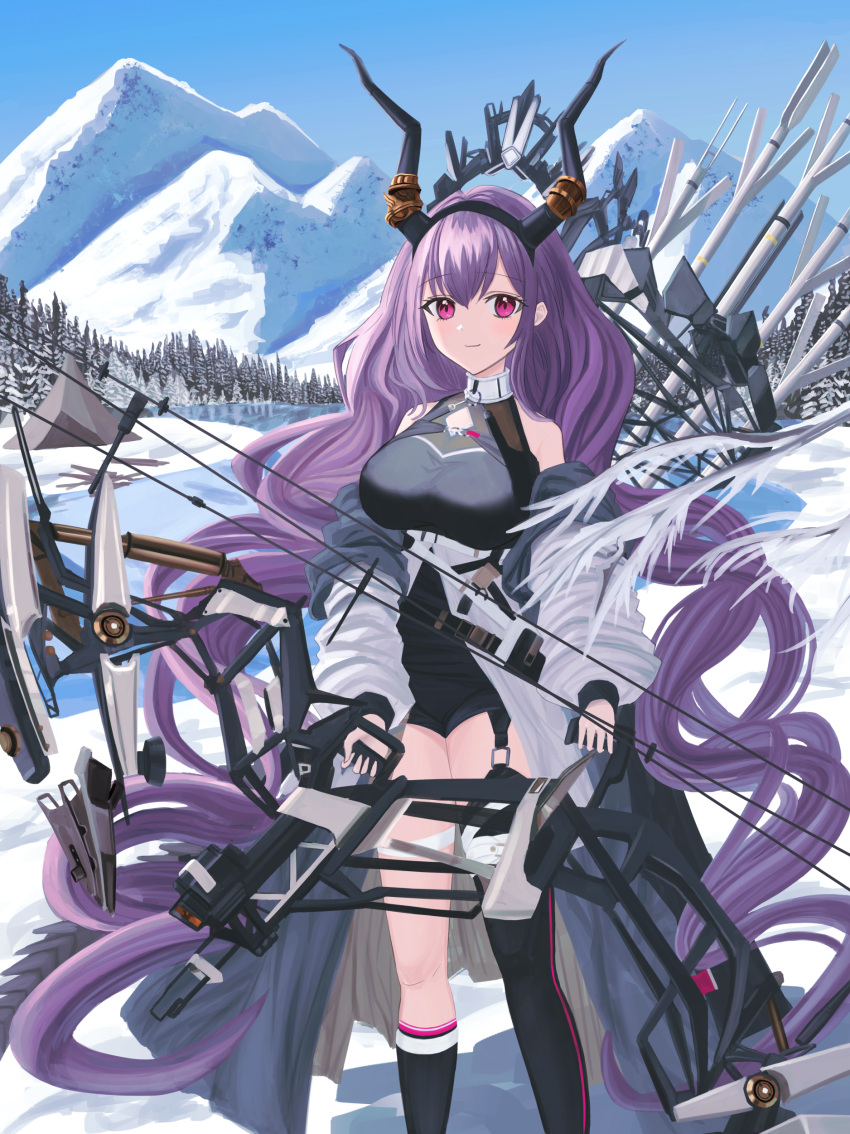1girl absurdres arknights asymmetrical_legwear bare_shoulders black_hairband black_horns black_shirt black_shorts black_socks black_thighhighs blue_sky bow_(weapon) closed_mouth clothing_cutout coat commentary day feet_out_of_frame grey_coat hairband haru2_ep highres holding holding_bow_(weapon) holding_weapon horns kneehighs light_blush long_hair long_sleeves looking_at_viewer mountain off_shoulder open_clothes open_coat outdoors plant puffy_long_sleeves puffy_sleeves purple_eyes purple_hair shirt shorts single_kneehigh single_sock single_thighhigh sky sleeveless sleeveless_shirt smile snow socks solo standing thighhighs tree typhon_(arknights) uneven_legwear very_long_hair weapon