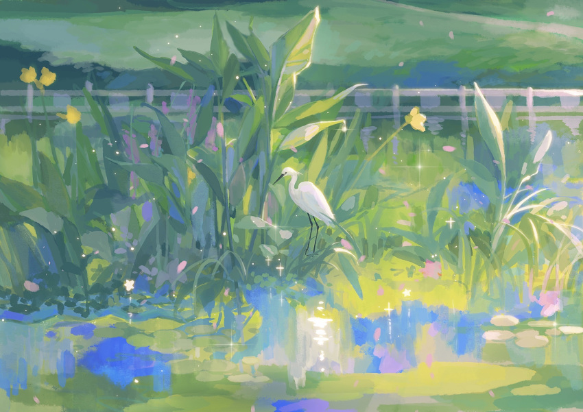 animal_focus bird chinese_commentary commentary_request crane_(animal) day fence flower highres light_particles lily_pad ningmeng_manyou original outdoors petals pond procreate_(medium) scenery sparkle star_(symbol) yellow_flower