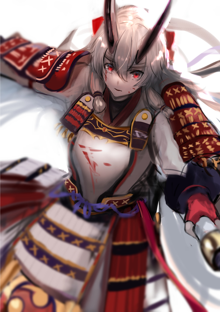 1girl absurdres armor blood blood_on_face breastplate closed_mouth fate/grand_order fate_(series) grey_hair hair_between_eyes highres holding holding_polearm holding_weapon horns japanese_armor jikihatiman kote kusazuri long_hair looking_at_viewer polearm ponytail red_eyes revision solo tomoe_gozen_(fate) weapon white_background