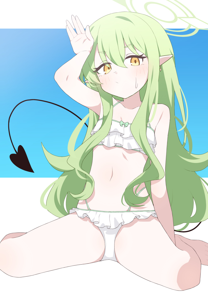 1girl absurdres bare_arms bare_legs bare_shoulders barefoot bikini black_tail blue_archive blush breasts closed_mouth demon_tail earrings frilled_bikini frills green_hair green_halo hagoonha halo highres hikari_(blue_archive) jewelry long_hair looking_at_viewer pointy_ears single_earring small_breasts solo swimsuit tail white_bikini yellow_eyes