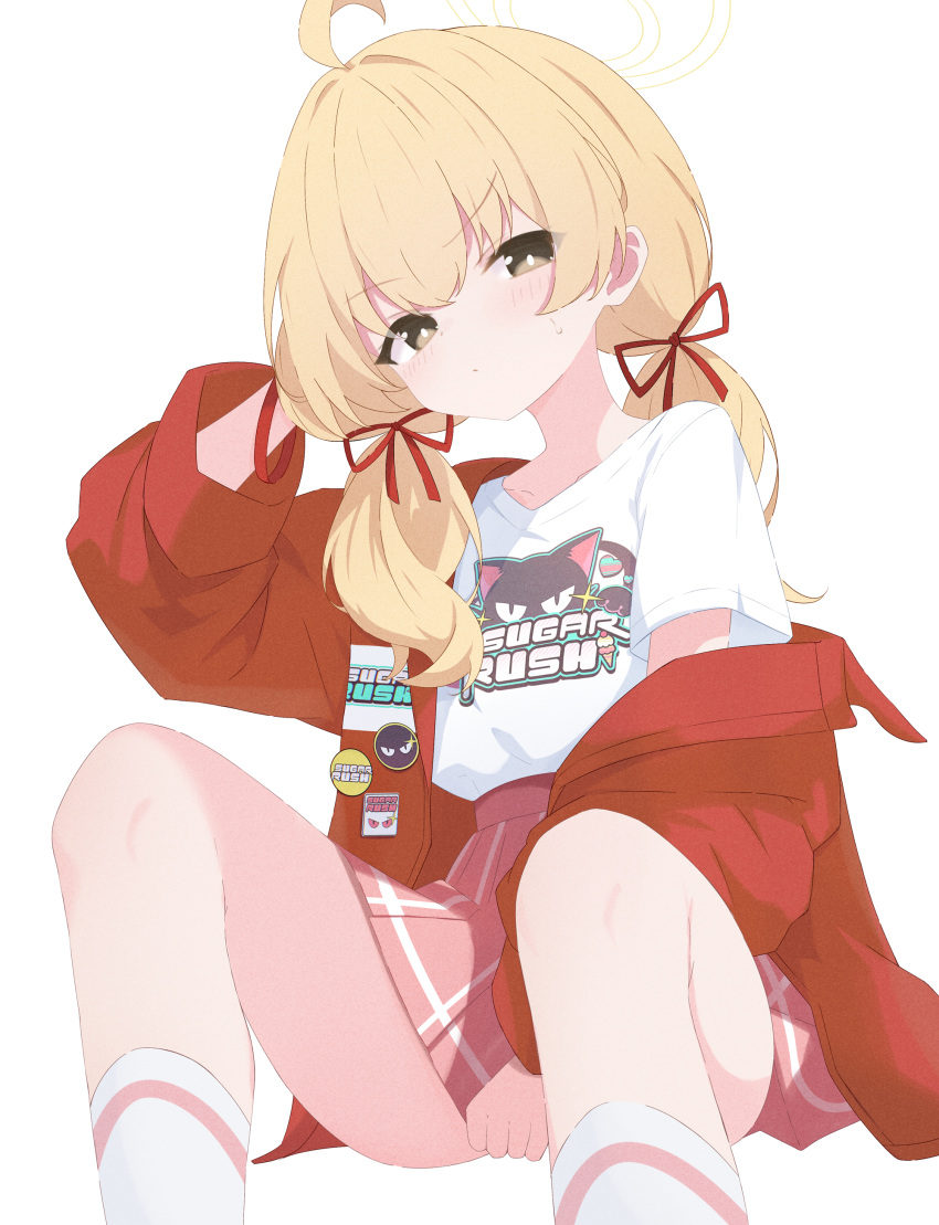 1girl absurdres ahoge blonde_hair blue_archive blush closed_mouth feet_out_of_frame halo highres jacket long_hair long_sleeves looking_at_viewer low_twintails official_alternate_costume open_clothes open_jacket pink_skirt pleated_skirt red_jacket rokukarashi shirt short_sleeves simple_background skirt socks solo twintails white_background white_shirt white_socks yellow_eyes yellow_halo yoshimi_(band)_(blue_archive) yoshimi_(blue_archive)