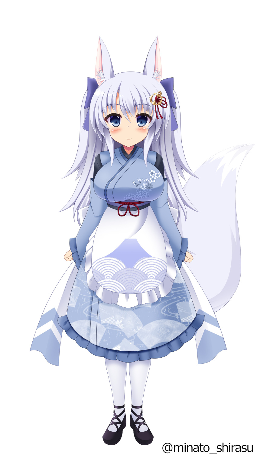 1girl absurdres anchor_hair_ornament animal_ear_fluff animal_ears blue_eyes breasts character_request fox_ears fox_girl fox_tail full_body grey_hair hair_ornament highres kon'iro_(chilno-loto) long_hair maid original simple_background smile solo standing tail thighhighs twitter_username wa_maid white_background white_thighhighs