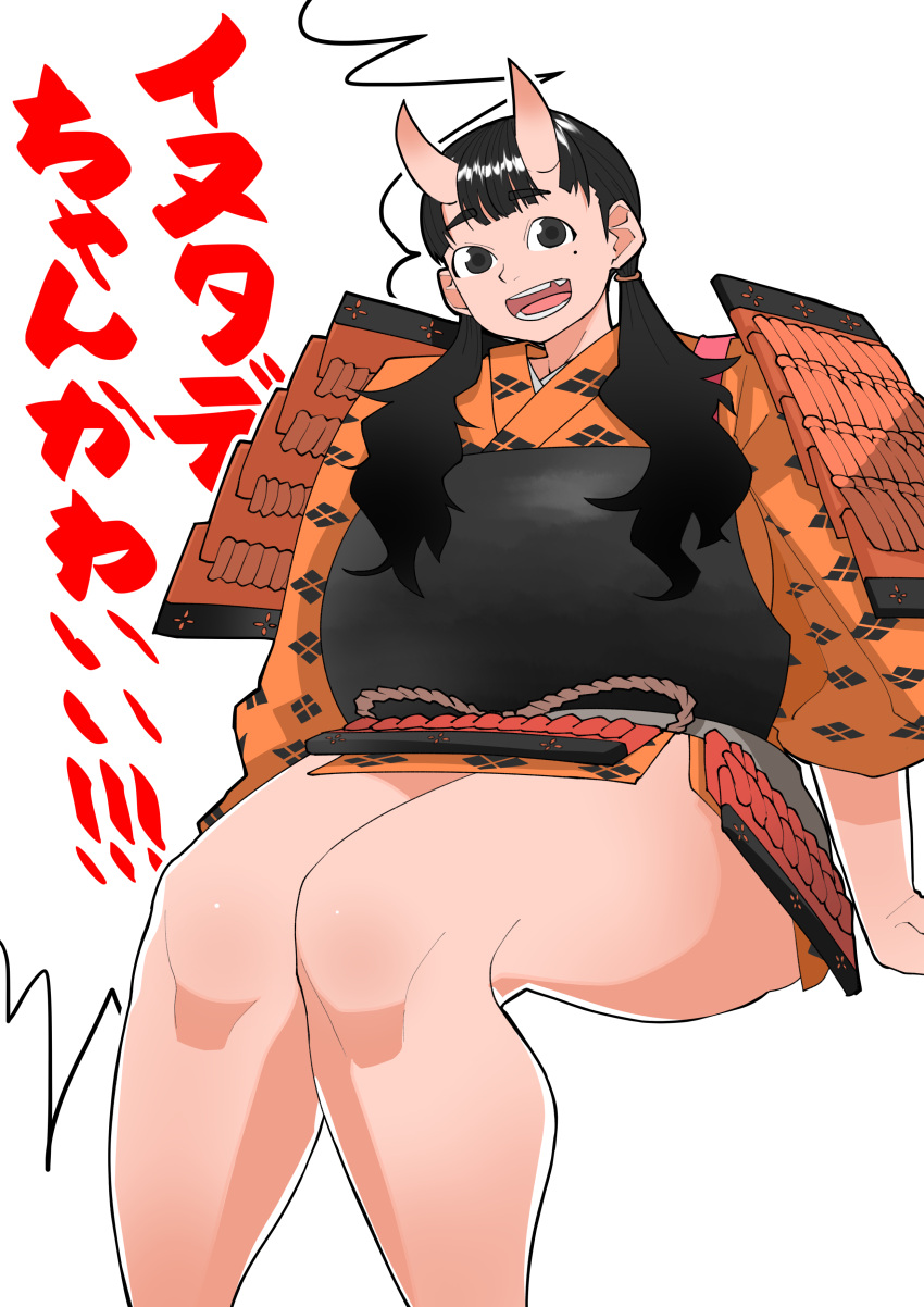 1girl absurdres armor asha black_eyes black_hair commentary_request dou dungeon_meshi feet_out_of_frame highres horns inutade invisible_chair japanese_armor japanese_clothes kimono kote long_hair looking_at_viewer low_twintails medium_bangs mole mole_under_eye open_mouth orange_kimono simple_background sitting skin-covered_horns smile solo translation_request twintails white_background