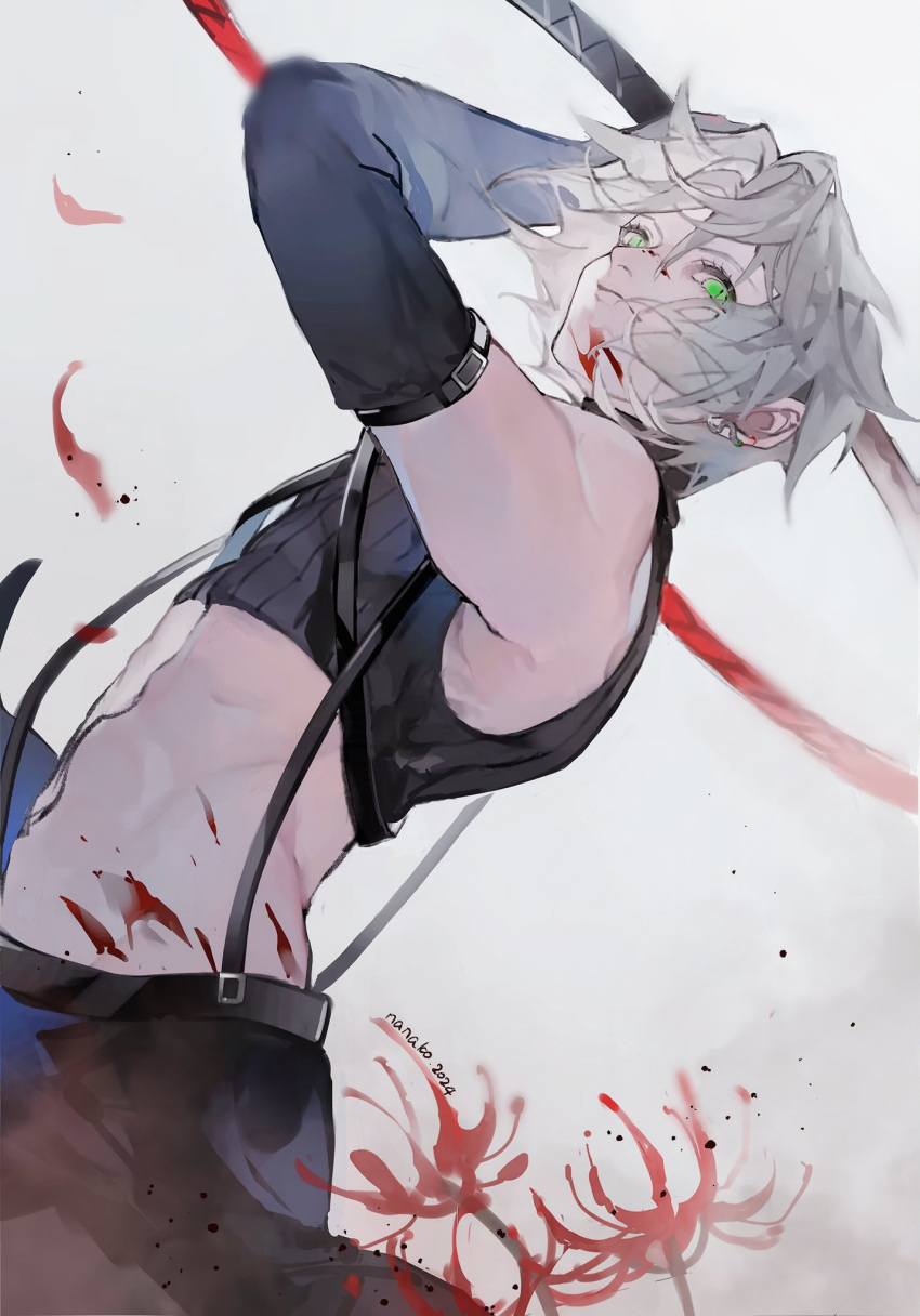 1boy artist_name bare_shoulders black_gloves black_pants blood blood_on_face crop_top elbow_gloves falling_petals fighting_stance final_fantasy final_fantasy_vii final_fantasy_vii_ever_crisis flower gloves green_eyes grey_hair hair_between_eyes highres holding holding_sword holding_weapon katana looking_at_viewer male_focus midriff pants parted_bangs petals red_petals ryona_kuma sephiroth short_hair sleeveless sleeveless_turtleneck slit_pupils solo spider_lily suspenders sword turtleneck upper_body weapon white_background