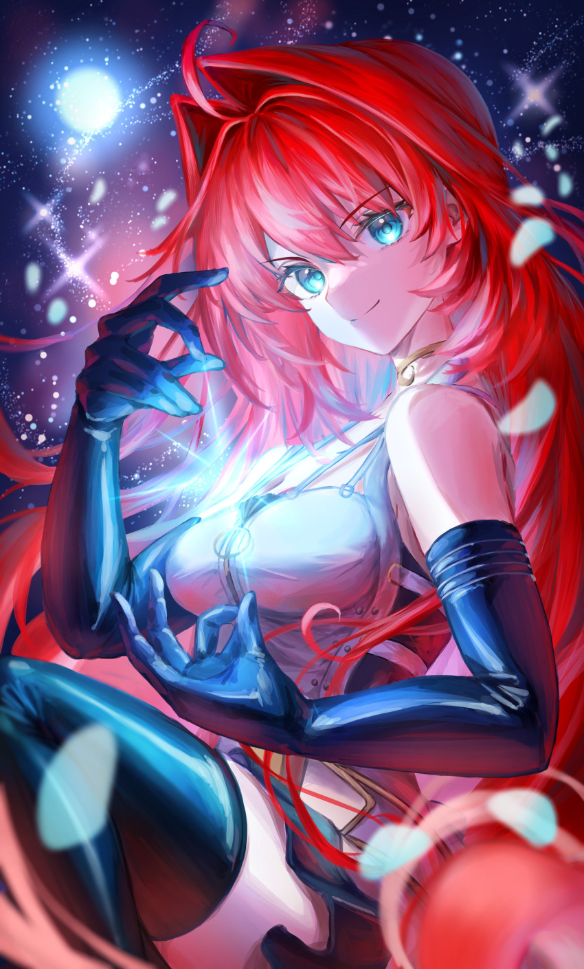 1girl absurdres aozaki_aoko bare_shoulders black_gloves black_pantyhose blue_eyes breasts chidawadachi choker cleavage dress elbow_gloves fate/grand_order fate_(series) gloves glowing glowing_hair hair_intakes highres large_breasts long_hair looking_at_viewer mahou_tsukai_no_yoru moon pantyhose red_hair skirt smile solo star_(sky) white_dress yellow_choker