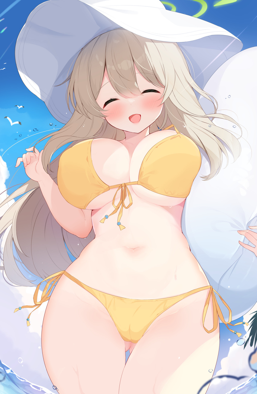 1girl animal ass_visible_through_thighs bare_arms bare_legs bare_shoulders bikini bird blue_archive blush breasts cleavage closed_eyes cowboy_shot day facing_viewer front-tie_bikini_top front-tie_top green_halo groin hair_between_eyes halo hat highres kagerou_(shadowmage) large_breasts light_brown_hair long_hair navel nonomi_(blue_archive) nonomi_(swimsuit)_(blue_archive) official_alternate_costume open_mouth outdoors seagull smile solo swimsuit water white_hat yellow_bikini