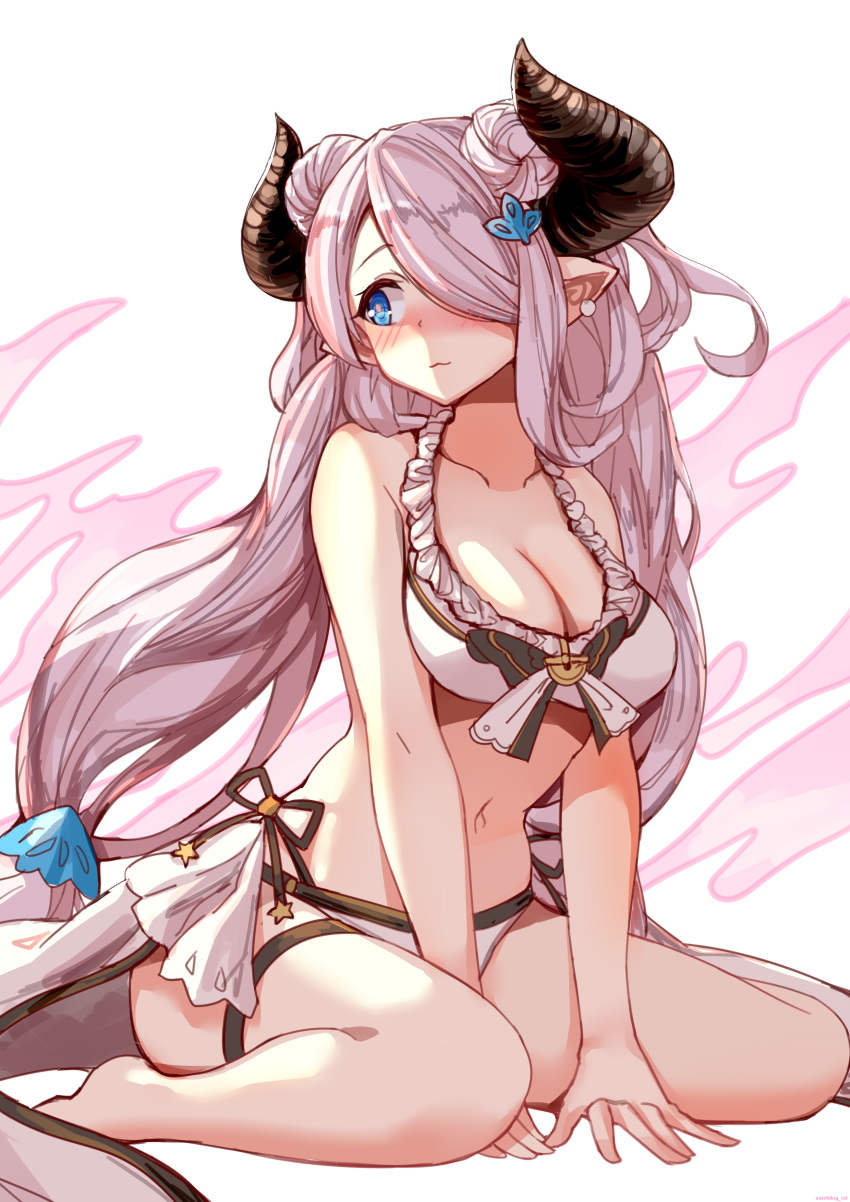 1girl :3 absurdres bare_arms bare_shoulders barefoot between_legs bikini black_horns blue_eyes blush bow bow_bikini breasts cleavage closed_mouth collarbone double_bun earrings frilled_bikini frills granblue_fantasy grey_hair hair_bun hair_ornament hand_between_legs highres horns jewelry long_hair looking_to_the_side low_twintails medium_breasts narmaya_(granblue_fantasy) navel one_eye_covered pointy_ears sitting smile solo swept_bangs swimsuit thigh_strap twintails very_long_hair wariza watchdog_rol_(y1104280730) white_bikini