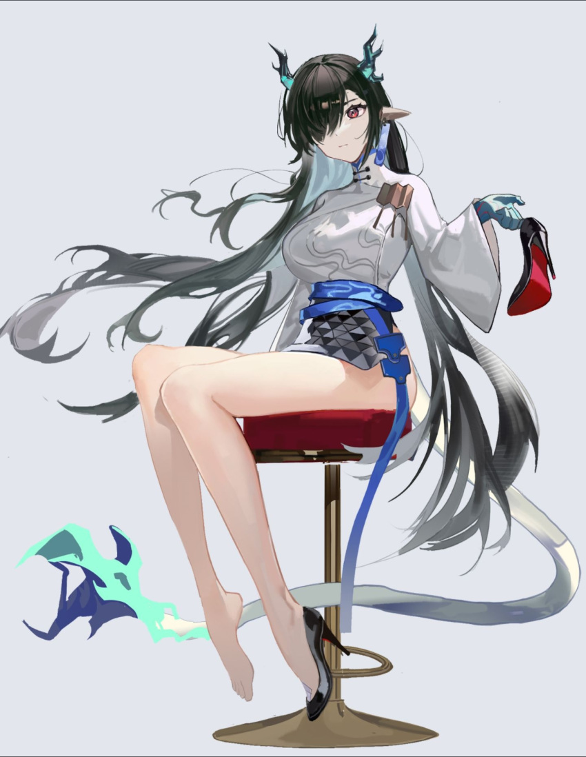 1girl ambience_synesthesia arknights bar_stool black_hair black_skirt blue_ribbon dragon_girl dragon_horns dragon_tail dress dusk_(arknights) earrings fiery_tail frienos gradient_skin hair_over_one_eye high_heels highres horns jewelry long_hair looking_to_the_side red_eyes ribbon sitting skirt solo stool tail tassel tassel_earrings white_dress
