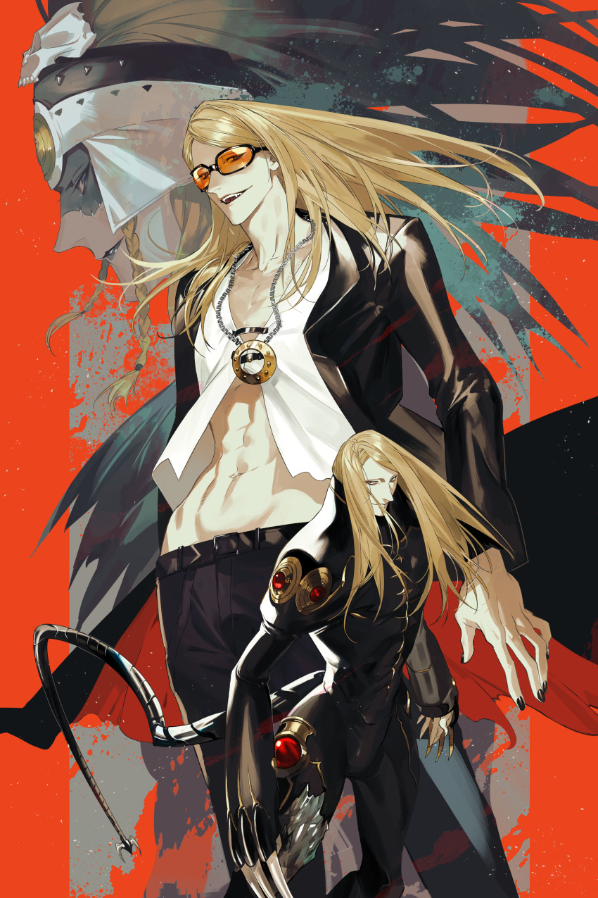 1boy absurdres black_jacket black_nails blonde_hair double_exposure dual_persona fate/grand_order fate_(series) highres jacket jewelry kaifei_(kaifei_29) long_hair looking_at_viewer male_focus necklace open_clothes shirt smile sunglasses tezcatlipoca_(fate) tezcatlipoca_(second_ascension)_(fate) tezcatlipoca_(third_ascension)_(fate) toned toned_male white_shirt